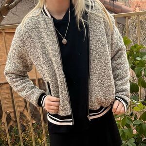 Glamorous Boucle Cashmere Blend White Black Stripe Varsity Bomber Jacket XS